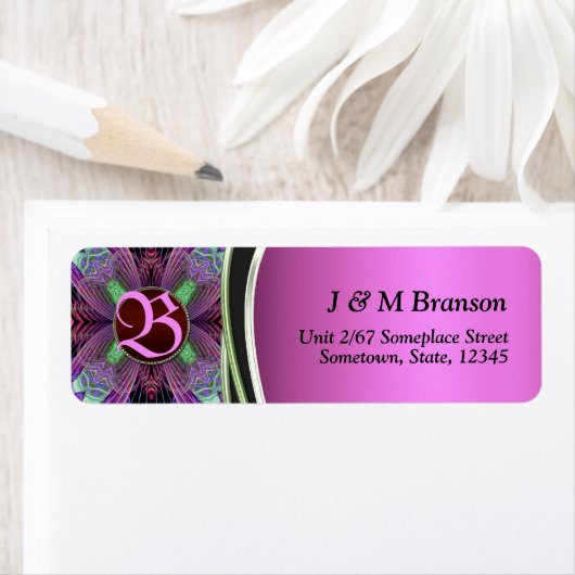 Roze zwart monogram fractal Art Address Label (Insitu)