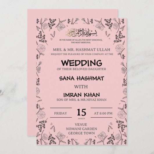 Roze & Zwart Moslim Bruiloft Uitnodiging (Voorkant / Achterkant)