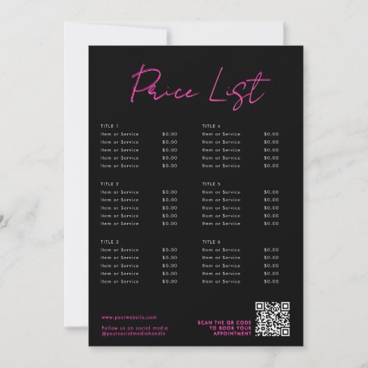 Roze & Zwart Neon Beauty Prijs Lijst Menu QR Code (Voorkant)