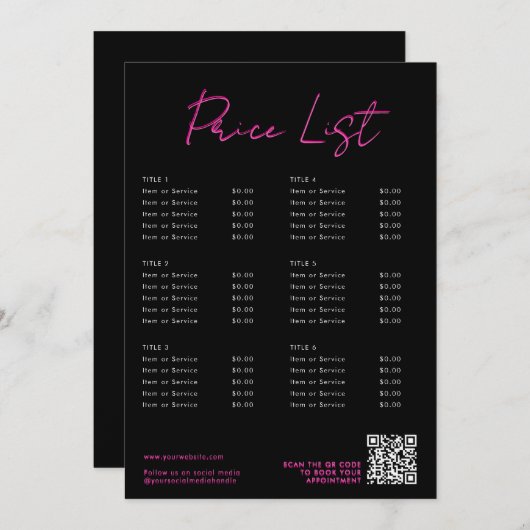 Roze & Zwart Neon Beauty Prijs Lijst Menu QR Code (Voorkant / Achterkant)