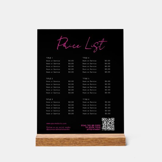 Roze & Zwart Neon Beauty Prijs Lijst Menu QR Code Acryl Bord (Voorkant)