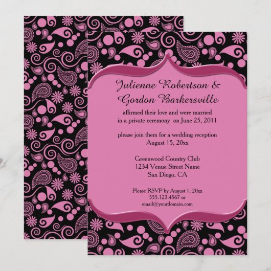 Roze Zwart Paisley Sieraard Roze Lijst Na de Bruil Kaart (Voorkant / Achterkant)