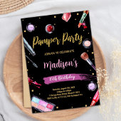 Roze Zwart Pamper Party Verjaardagsuitnodigingen Kaart