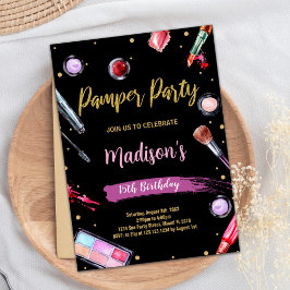 Roze Zwart Pamper Party Verjaardagsuitnodigingen Kaart