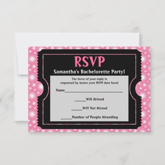 Roze/ Zwart Party Ticket RSVP Reply Kaart (Voorkant)
