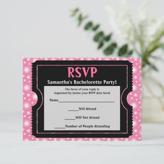 Roze/ Zwart Party Ticket RSVP Reply Kaart (Staand voorkant)
