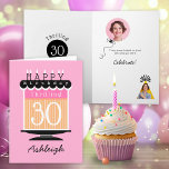 Roze Zwart Perzik Cake Thrilling 30th Birthday Kaa<br><div class="desc">Een leuke aangepaste foto 30e verjaardagskaart met een aangepaste naam. Vette afbeeldingen van een taart in roze,  zwart,  perzik en wit. De binnenkant heeft ballonnen,  een party-pet en plaatsen voor nog 2 aangepaste foto's. Maak de verjaardagspersoon dertig & spannend voelen.</div>