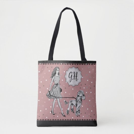 Roze Zwart Polka Dot Vrouw Poodle Monogram Initiaa Tote Bag (Voorkant)