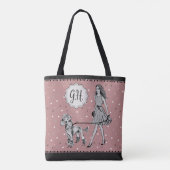Roze Zwart Polka Dot Vrouw Poodle Monogram Initiaa Tote Bag (Achterkant)