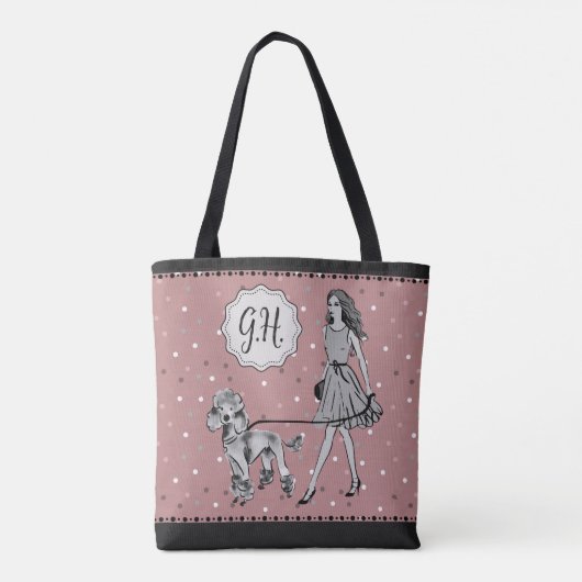 Roze Zwart Polka Dot Vrouw Poodle Monogram Initiaa Tote Bag (Achterkant)