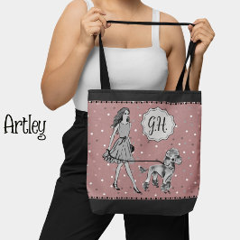 Roze Zwart Polka Dot Vrouw Poodle Monogram Initiaa Tote Bag