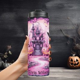 Roze Zwart, Pompoenen, Haunted House gepersonalise Thermosbeker