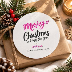 Roze Zwart Prettig Kerstmis Script Typografie Ronde Sticker