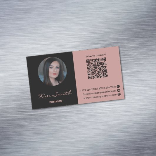 Roze & Zwart Profiel Foto QR Code Magnetisch Visitekaartje (Voorbeeld)