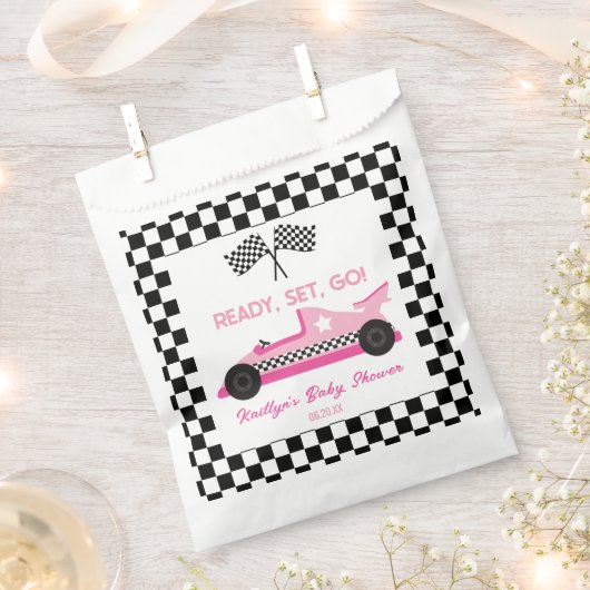 Roze Zwart Race Auto Ready Set Go Baby shower Bedankzakje (Geknipt)
