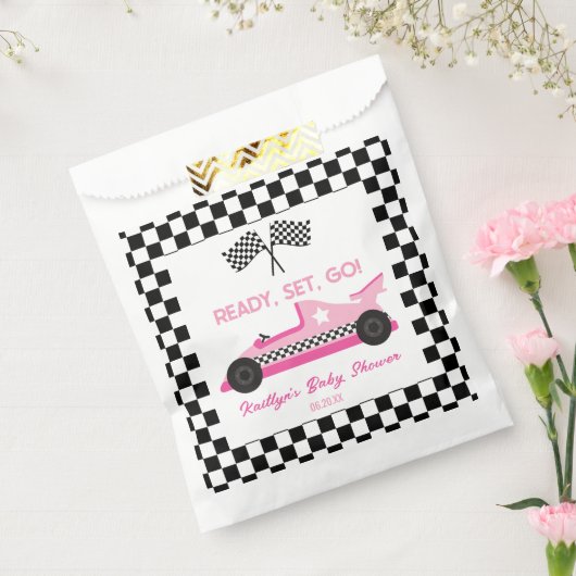 Roze Zwart Race Auto Ready Set Go Baby shower Bedankzakje (Gezegeld)
