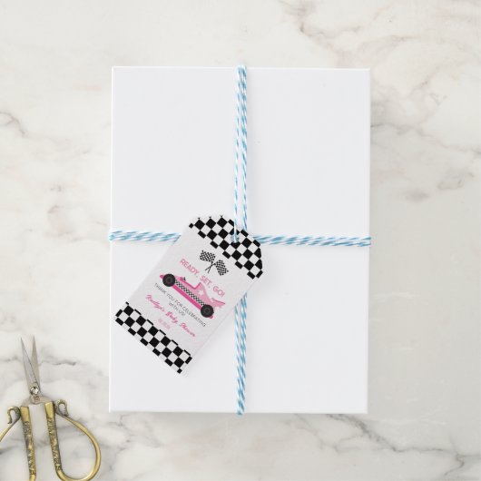 Roze Zwart Race Auto Ready Set Go Baby shower Cadeaulabel (Met Touw)