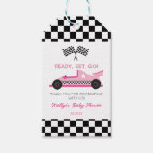 Roze Zwart Race Auto Ready Set Go Baby shower Cadeaulabel (Voorkant)