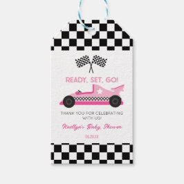 Roze Zwart Race Auto Ready Set Go Baby shower Cadeaulabel