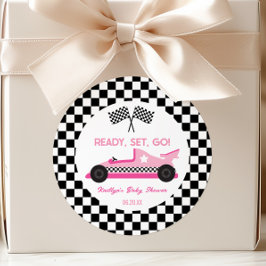 Roze Zwart Race Auto Ready Set Go Baby shower Favo Ronde Sticker