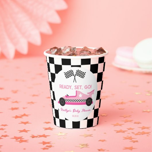 Roze Zwart Race Auto Ready Set Go Baby shower Papieren Bekers (Insitu)