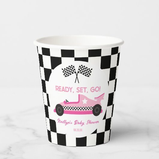Roze Zwart Race Auto Ready Set Go Baby shower Papieren Bekers (Voorkant)
