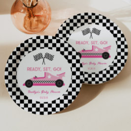 Roze Zwart Race Auto Ready Set Go Baby shower Papieren Bordje