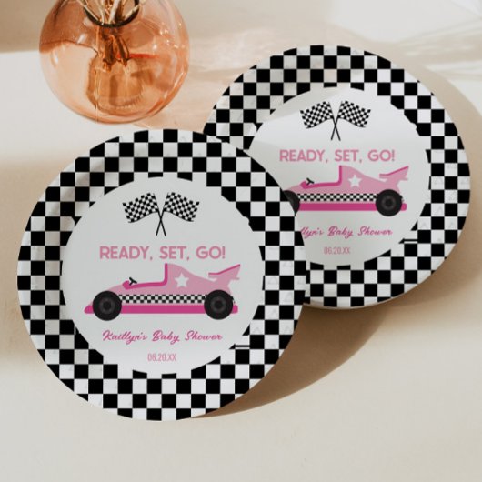 Roze Zwart Race Auto Ready Set Go Baby shower Papieren Bordje