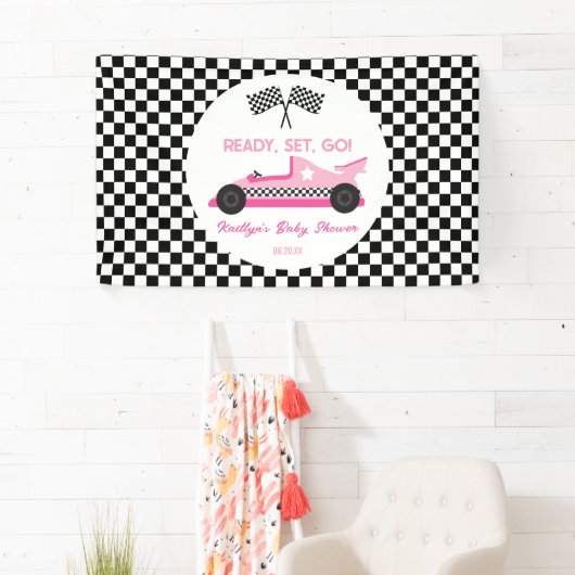 Roze Zwart Race Auto Ready Set Go Baby shower Spandoek (Insitu)