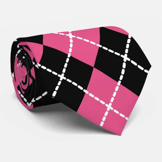Roze Zwart Retro Argyle Stropdas (Opgerold)
