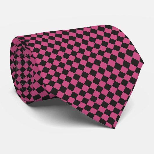 Roze Zwart Ruitjes Diamant Patroon Stropdas (Opgerold)
