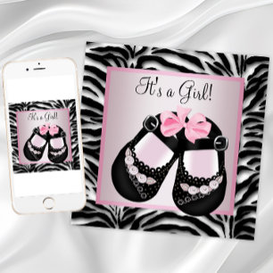 Roze Zwart Schoenen Roze Zebra Baby shower Kaart