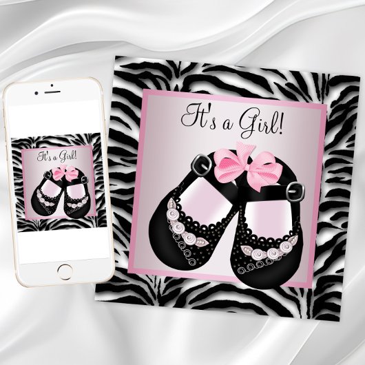 Roze Zwart Schoenen Roze Zebra Baby shower Kaart