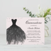 Roze Zwart Sparkle Jurk Quinceanera Uitnodiging (Staand voorkant)