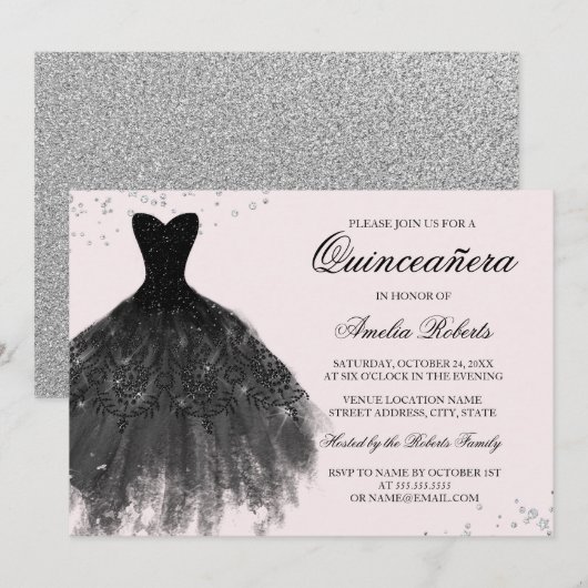 Roze Zwart Sparkle Jurk Quinceanera Uitnodiging (Voorkant / Achterkant)