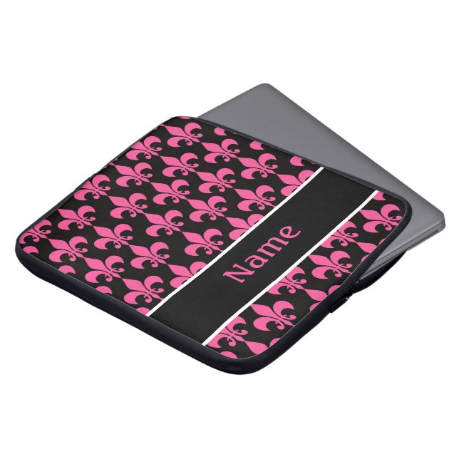 Roze zwart, speciaal gepersonaliseerd Fleur de Lis Laptop Sleeve (Voorkant top)
