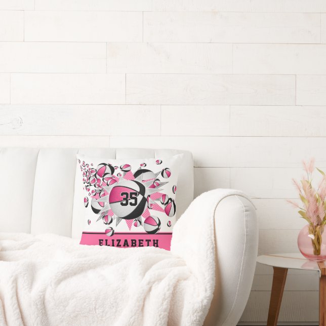 Roze Zwart Sportkamer Meisjes Basketballen Sterren Kussen (Bank)