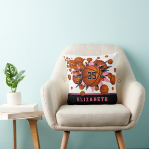 Roze Zwart Sportkamer Meisjes Basketballen Sterren Kussen