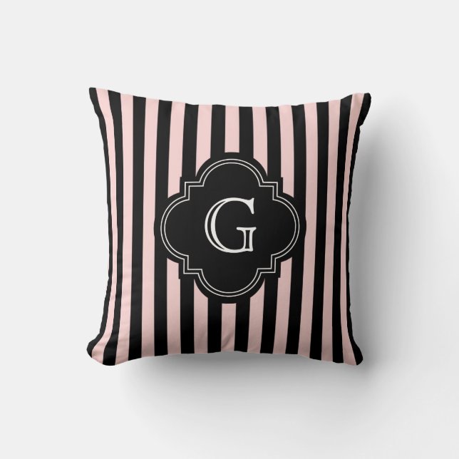 Roze, Zwart Streeppatroon Monogram Kussen (Voorkant)