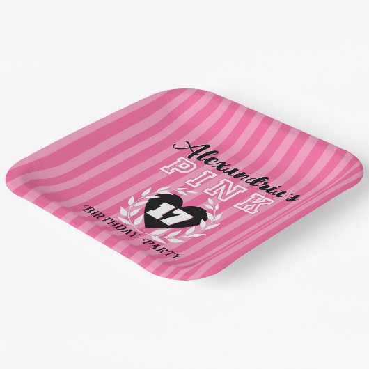 ROZE Zwart Strepen Meisje Verjaardag/pyjamafeest Papieren Bordje (Gebogen)