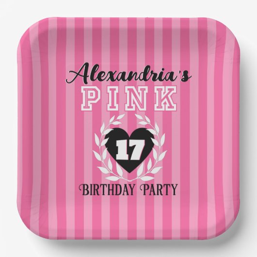 ROZE Zwart Strepen Meisje Verjaardag/pyjamafeest Papieren Bordje (Voorkant)