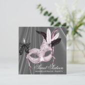 Roze Zwart Sweet 16 Masquerade Party Kaart (Staand voorkant)