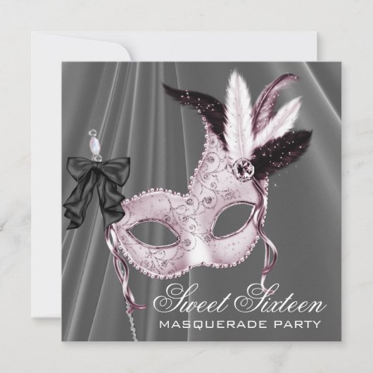 Roze Zwart Sweet 16 Masquerade Party Kaart (Voorkant)