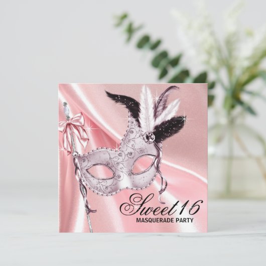 Roze Zwart Sweet 16 Masquerade Party Kaart (Staand voorkant)