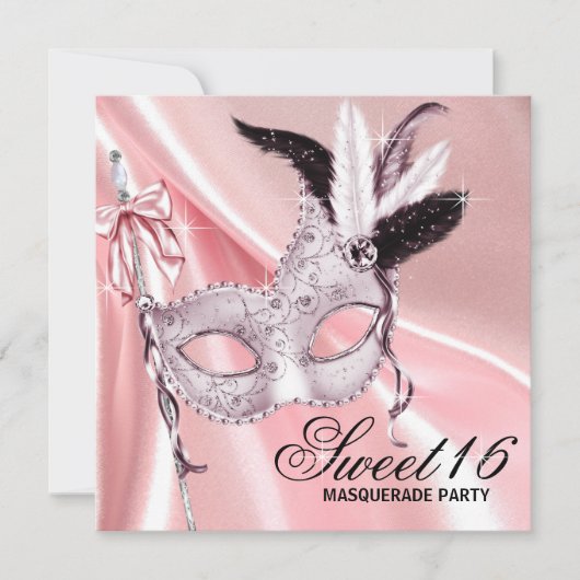 Roze Zwart Sweet 16 Masquerade Party Kaart (Voorkant)