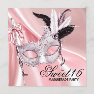 Roze Zwart Sweet 16 Masquerade Party Kaart