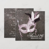 Roze Zwart Sweet 16 Masquerade Party Kaart (Voorkant / Achterkant)