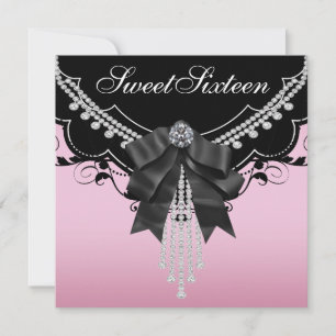 Roze Zwart Sweet Sixteen Feest Uitnodigingen