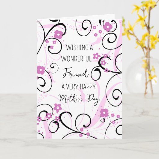 Roze Zwart Swirls Vriend Happy Moederdag Kaart (Gele Bloem)