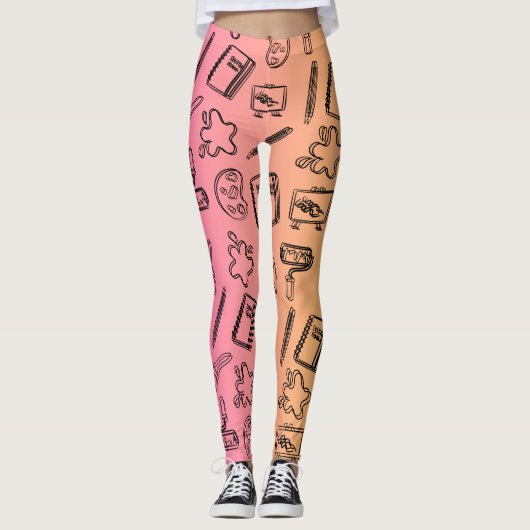 Roze zwart Textiel Abstract Patroon Leggins Leggings (Voorkant)